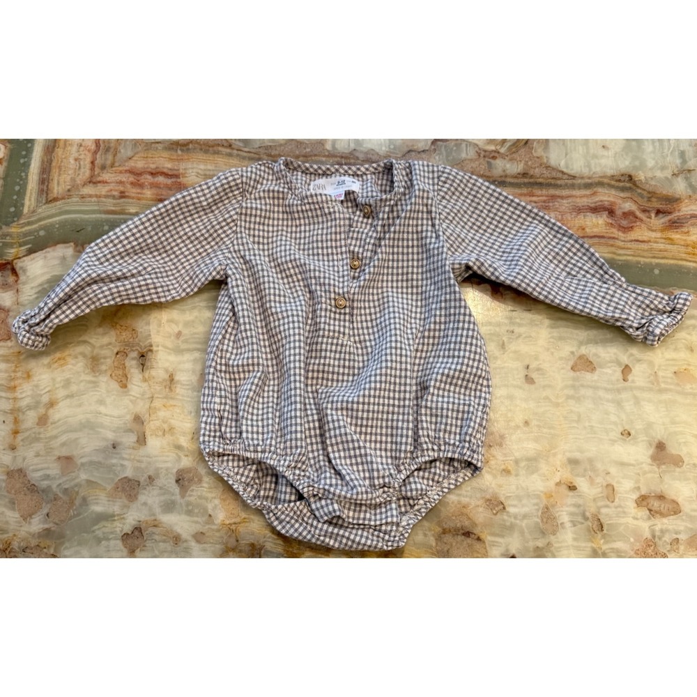 Zara Baby One Piece Romper White Blue Check Long Sleeve Size 9-12 Months